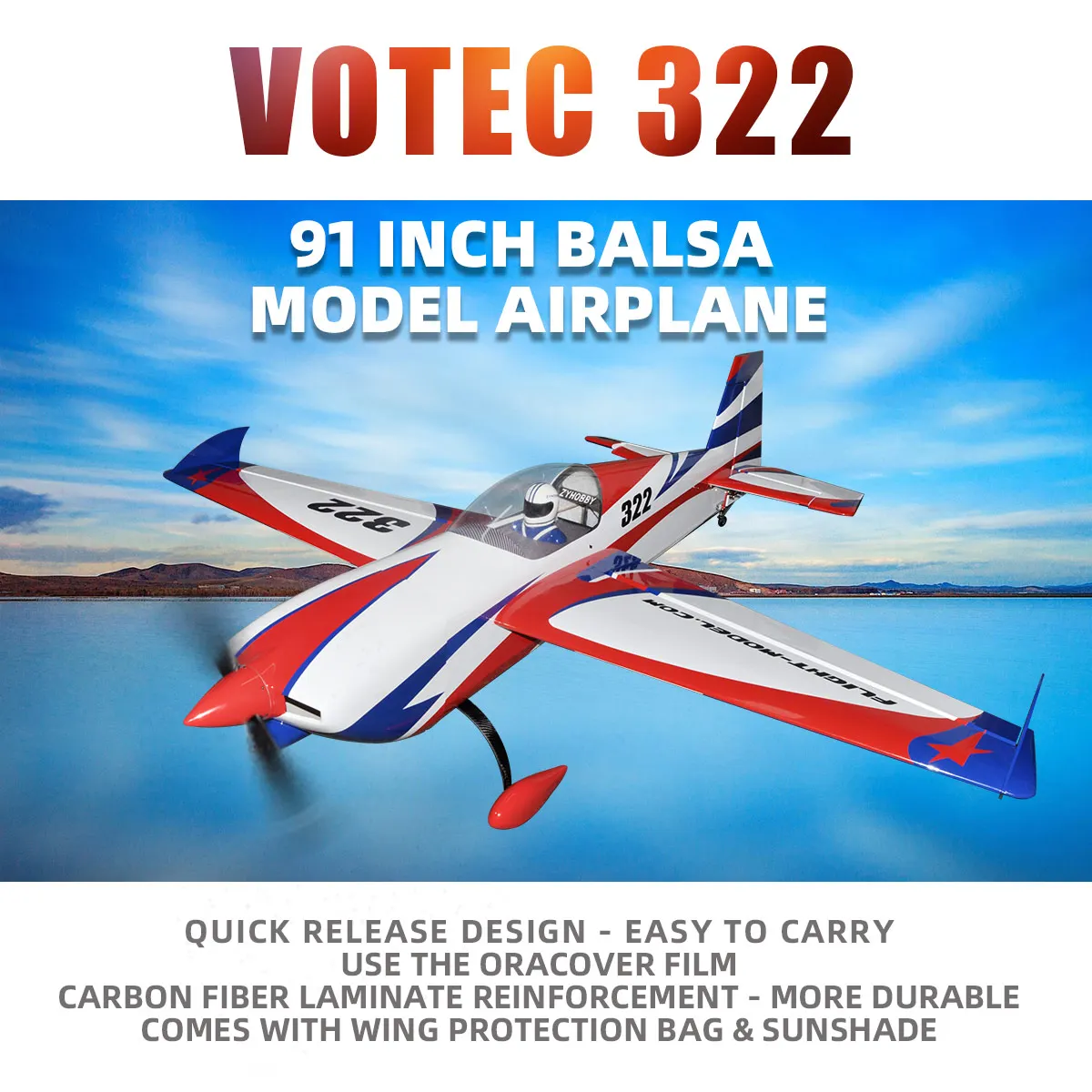 91 Inch VOTEC 322 V2 60-80cc Balsa Wooden RC Model Plane Gasoline Oil Airplane