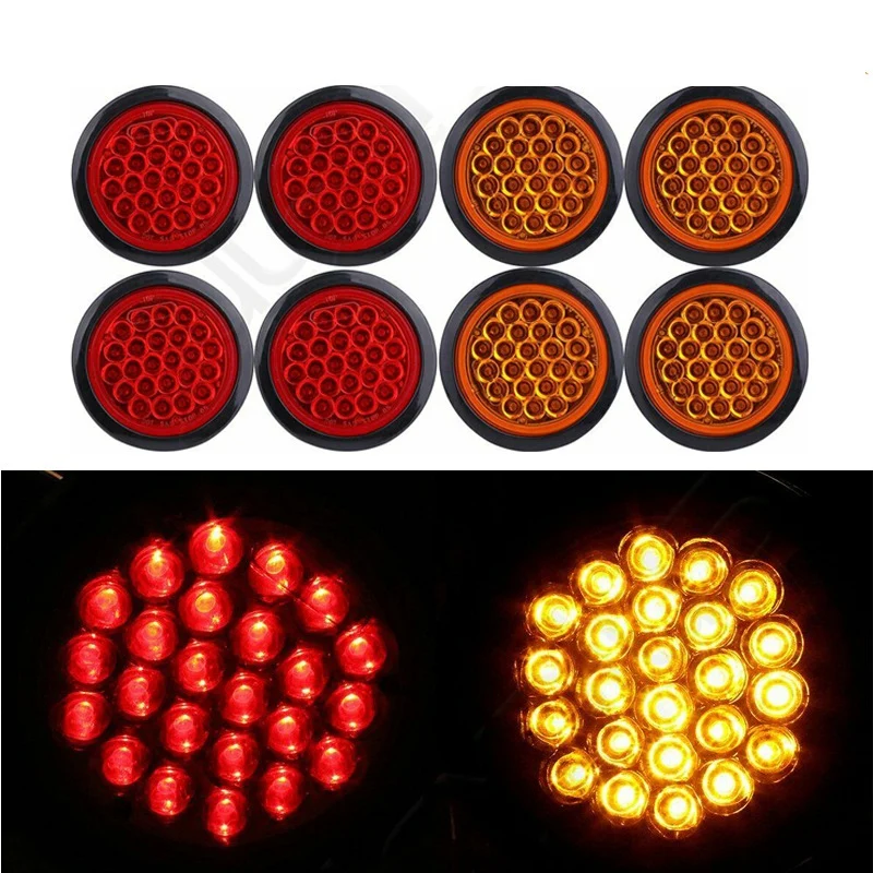 4 Inch Round Trailer Tail Lights 24LED Stop Turn Tail Lights for Boat Truck RV Tractor Bus 4 Packs Amber Yellow