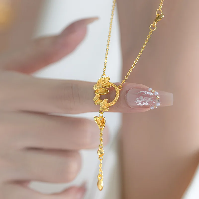 9999 24K real gold niche super fairy high-end flower wreath collarbone chain fashionable butterfly tassel women\'s necklace