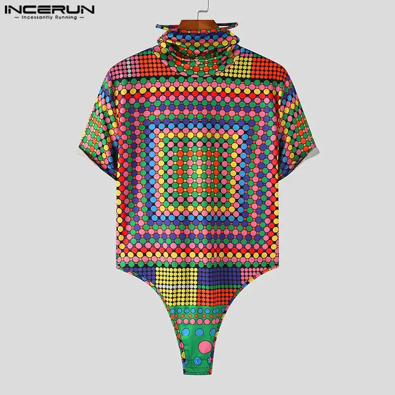 INCERUN Men Bodysuits Printing Turtleneck Short Sleeve Fashion Rompers T Shirts Men 2023 Summer Fitness Casual Bodysuit S-3XL