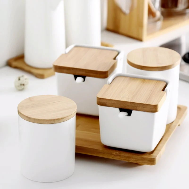 Kitchen Storage Container Wooden Lid Ceramic Seasoning Jar Salt Sugar Bowl Kitchen Jar Set Seasoning Box Cereal Dispenser Home