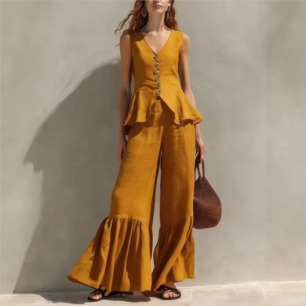 

Linen Single-breasted Top Ruffled Wide-leg Pants Summer New Women's Sexy V-neck Sleeveless Top Pants Suit Костюм Женский