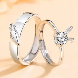 New Sweet Cute Rabbit Carrot Couples Rings White/Pink Crystal Bunny Silver Color Adjustable Open Lovers Ring For Women Gift