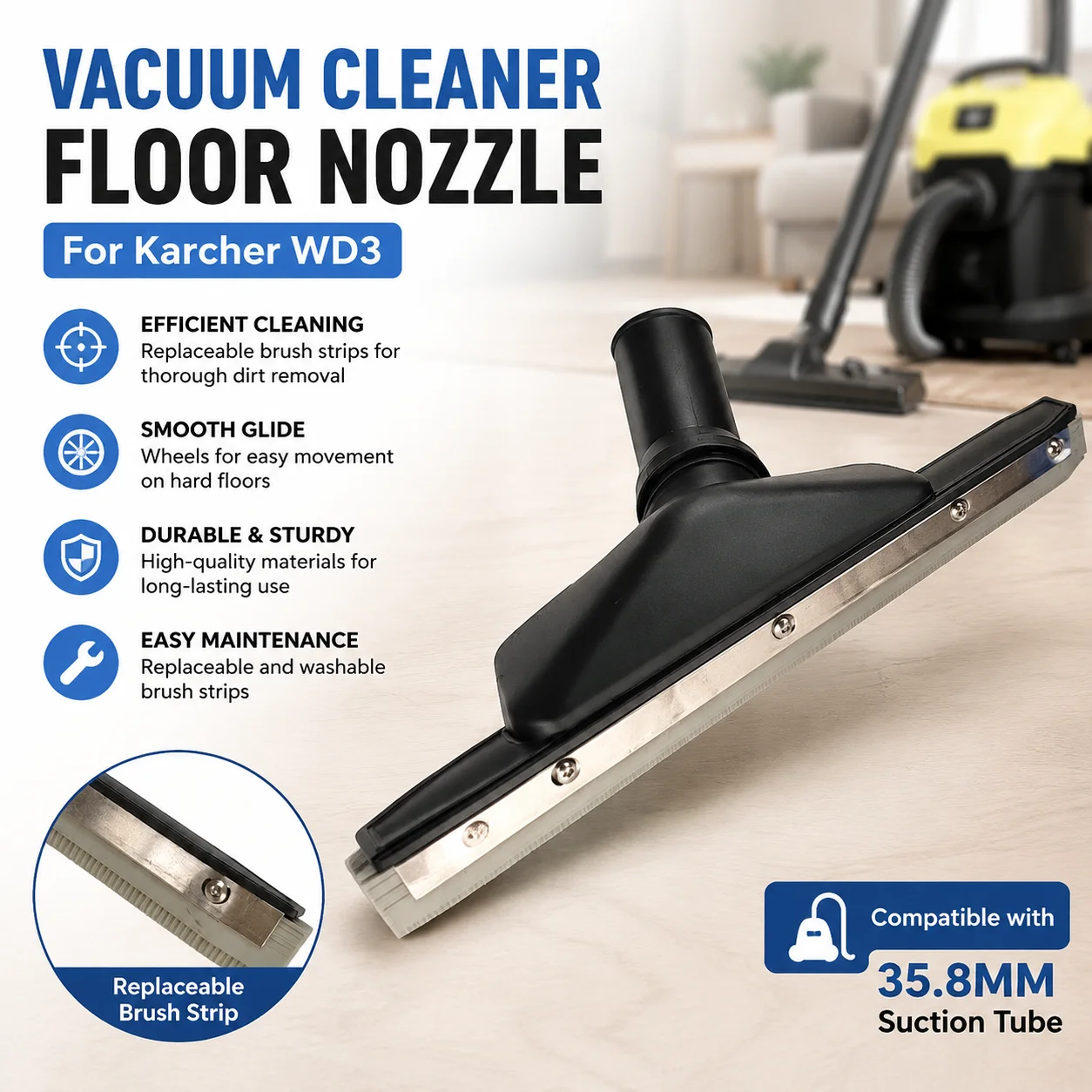 Vacuum Cleaner Hard Floor Nozzle 35.8MM Suction Head With Replaceable Brush Strips And Rolling Wheels For For Karcher WD3 Series