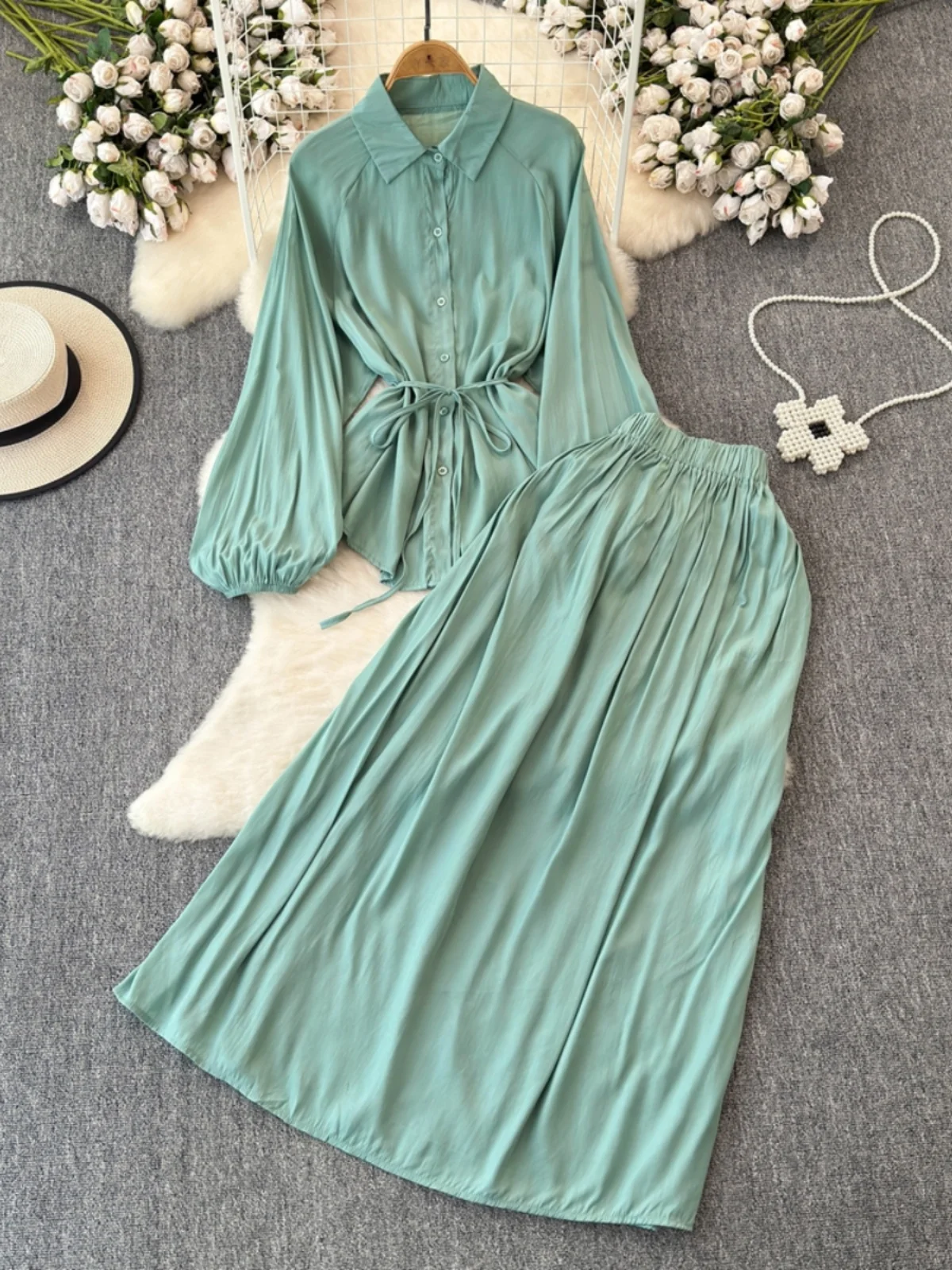 

Faionable High Waist Belted Slimming Top And Skirt Set Women's Sle Two Piece Suit Long Sve Collar Button Dr Code