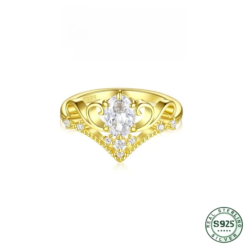 Hot selling retro 100% 925 sterling silver gold crown ring, women's high-end feel, light luxury style ring, wedding jewelry