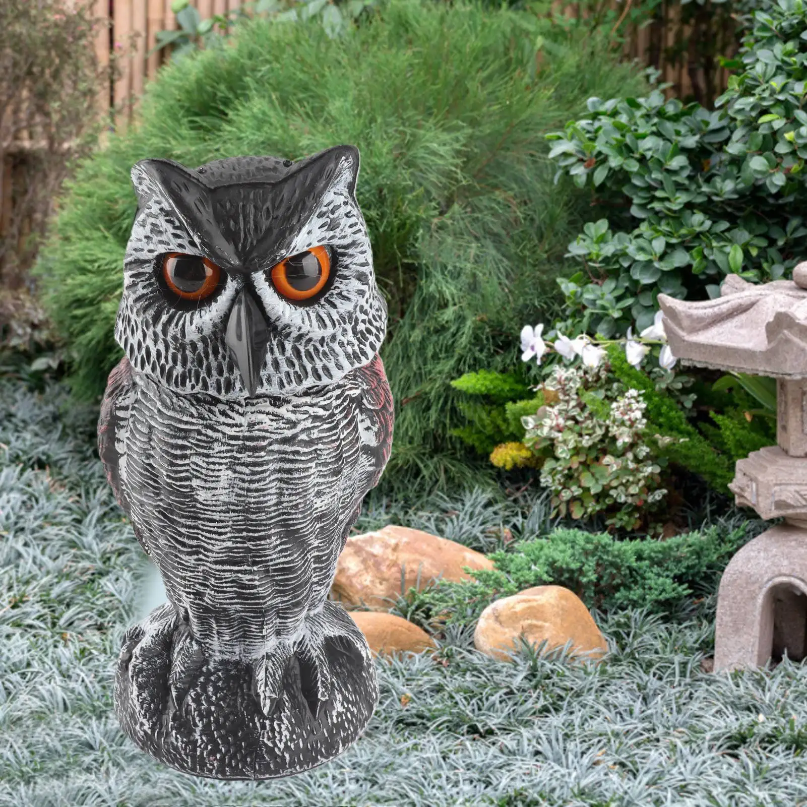 Espantapájaros de Búho con Cabeza Móvil para Ahuyentar Aves, Búho Falso para Decoración de Jardín, Huerto o Granero