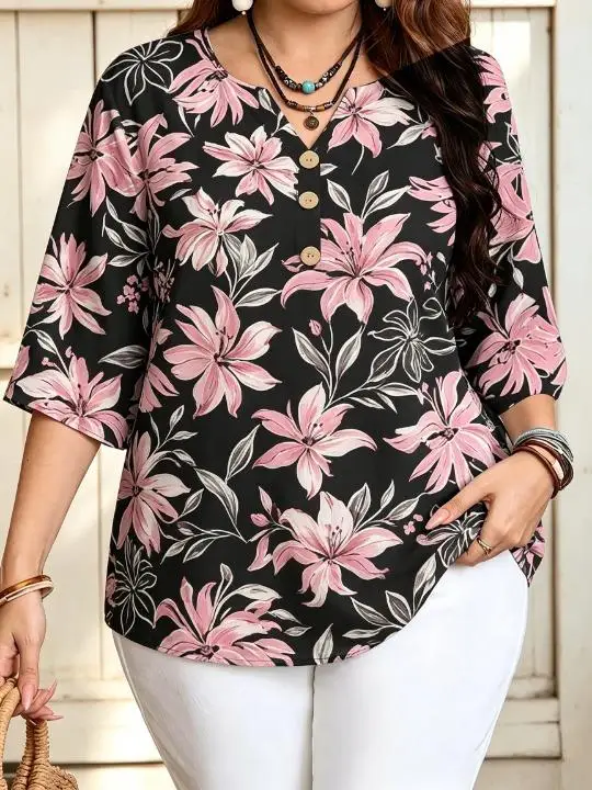 Women 3/4 Sleeve V‑Neck Blouse Button Decor Hydrangea Lily Sunflower Floral Print Casual Ladies Tops