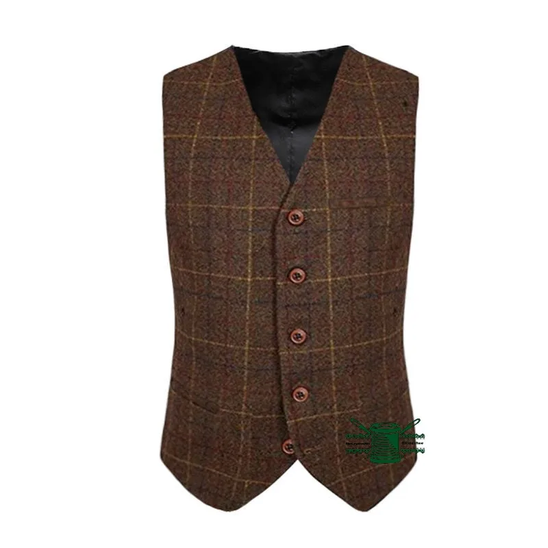 Check Mens Waistcoat Vintage Western Wool Tweed Formal Vests Brown Suits Vest I psc man vest custom made Suits vest
