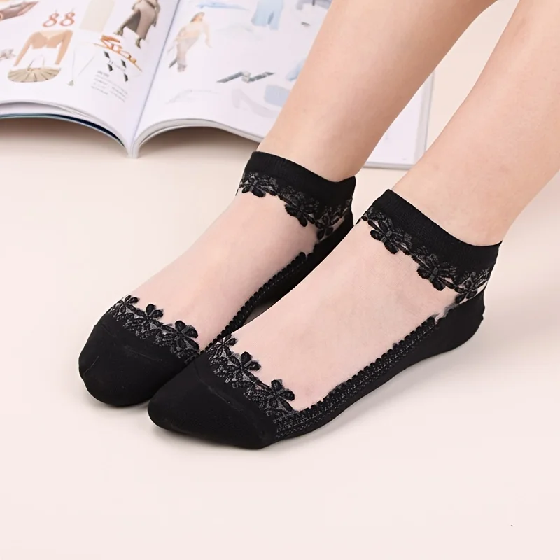 7 pairs of ladies socks spring summer thin women's crystal stockings summer jacquard crystal stockings flower glass stockings