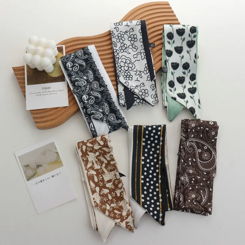 Retro Black Floral DoubleSided Thin Narrow Strip Small Silk Scarf Temperament Wild Cashew Flower Hair Band Hair Ribbon for Women