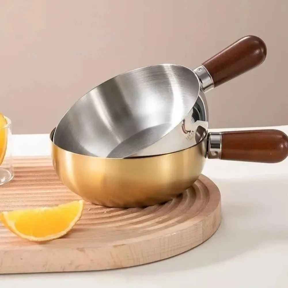 Mini Size 201 Stainless Steel Pot Walnut Wood Handle Portable Small Pot Bowl Multi-Function Heat-Resistant Salad Bowl