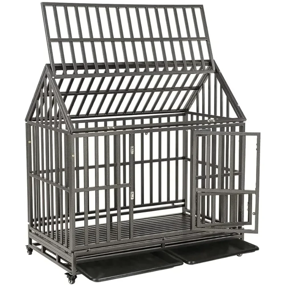 

dog cage 48" Heavy Duty Dog Crate Strong Metal Cage House Shape Pet Kennel Crate Playpen with 4 Locking Wheels