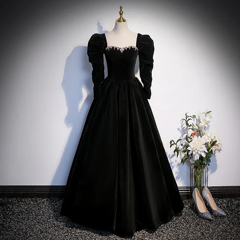 

Customized Evening Dress Black Flannel Beads Square Collar Full Sleeves A-Line Lace Up Floor Length Plus Size Women party Gowns