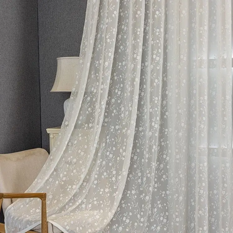 Custom Size French Relief Romantic Luxury Translucent Gauze Curtain Living Room Bedroom Cream Style White Gauze Window Sheer