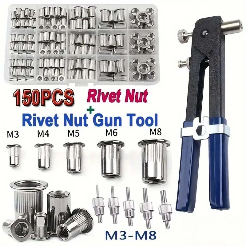 156pcs Manual Ram Gun Set Metric Rivet Nut Combination (M8/M6/M5/M4/M3), Suitable for Furniture, Decoration