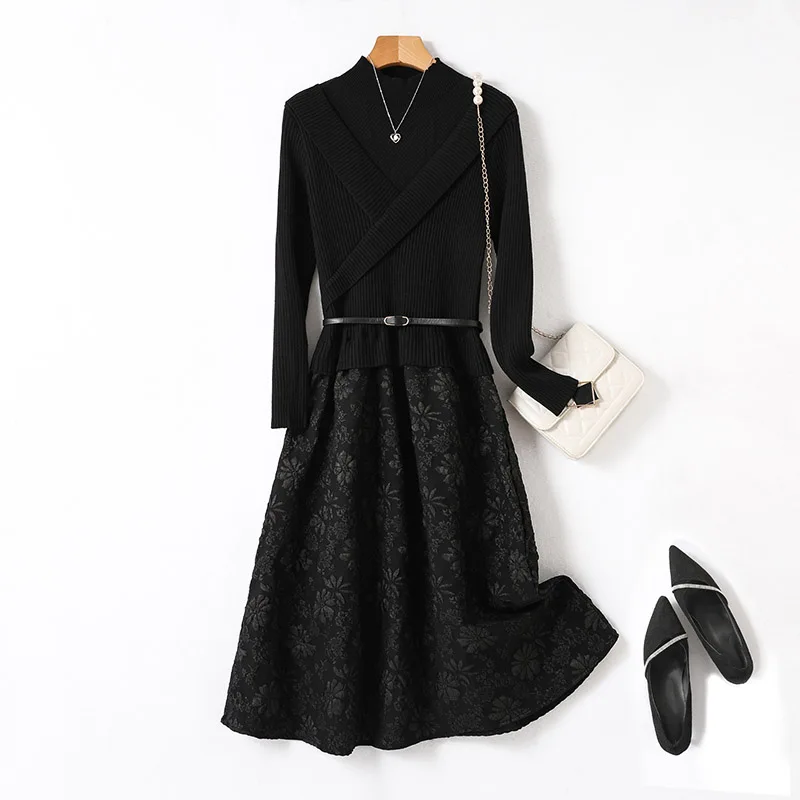 

Women Elegant Spliced Fashion Vintage Dress Knitted Casual Belt Temperament Classic Solid Black Dresses