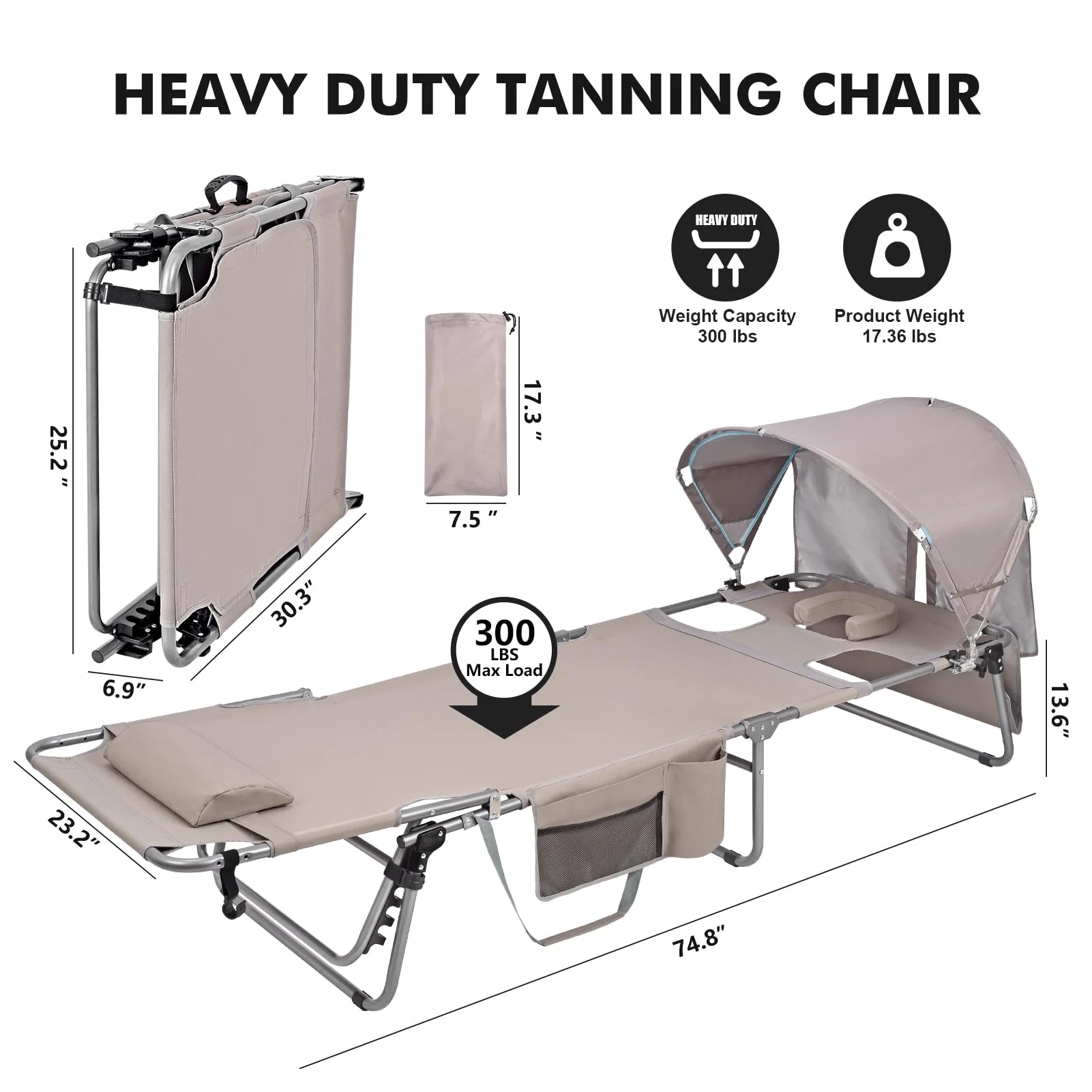 Beach Tanning Sun Chair with Canopy Poolside Camping Lawn Chair for Reading & Sunbathing