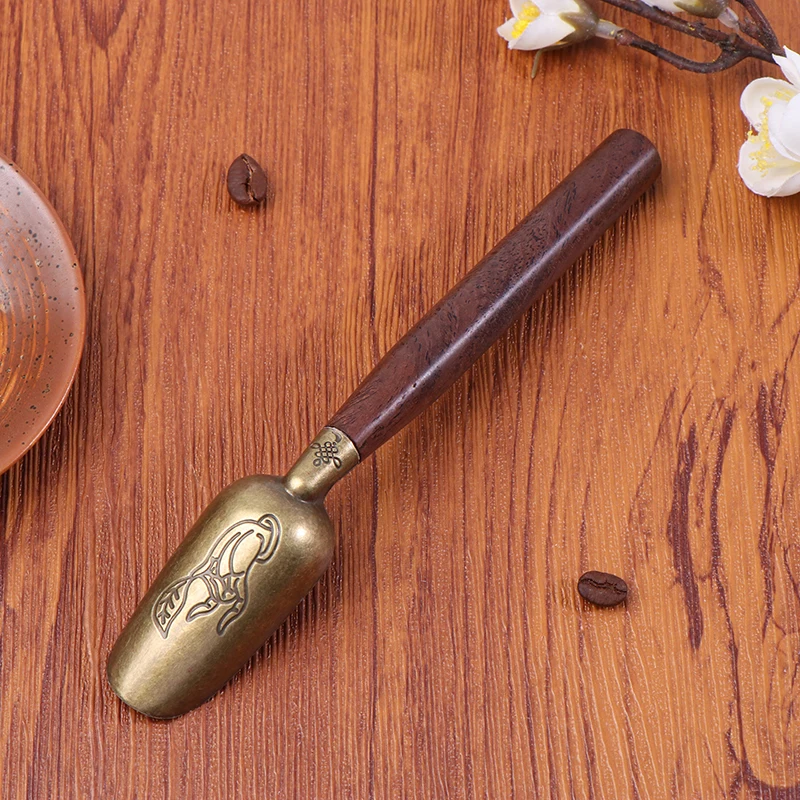 1Pc Wooden Handle Tea Shovel Tea Spoon Copper Ebony Coffee Scoops Tableware Teaspoons Easy Clean Anti Sprinkle Tea Spoon.