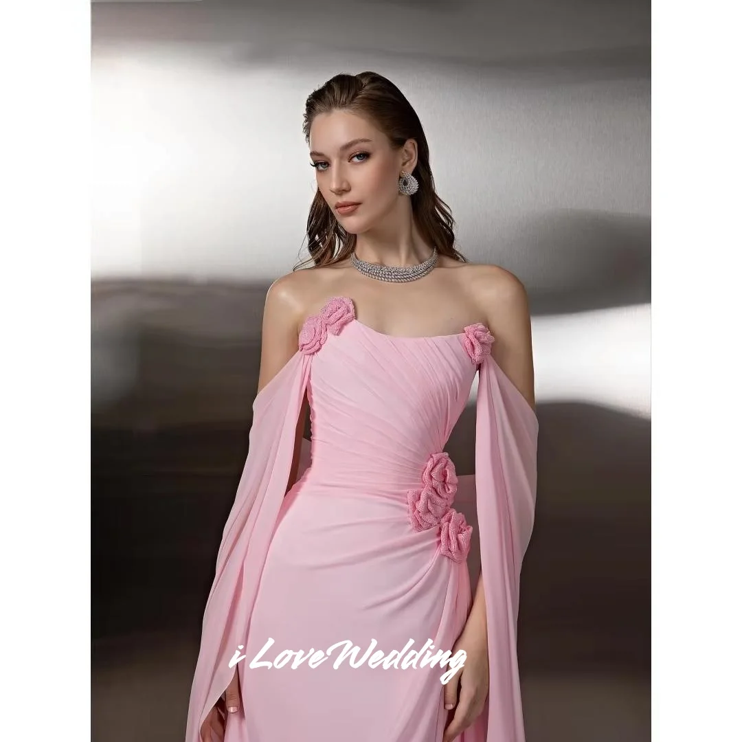 

Pink Strapless Evening Dresses 2025 Chiffon Shawl 3D Flowers Mermaid Sweep Train Floor-Length Prom Dresses Pleated Customized