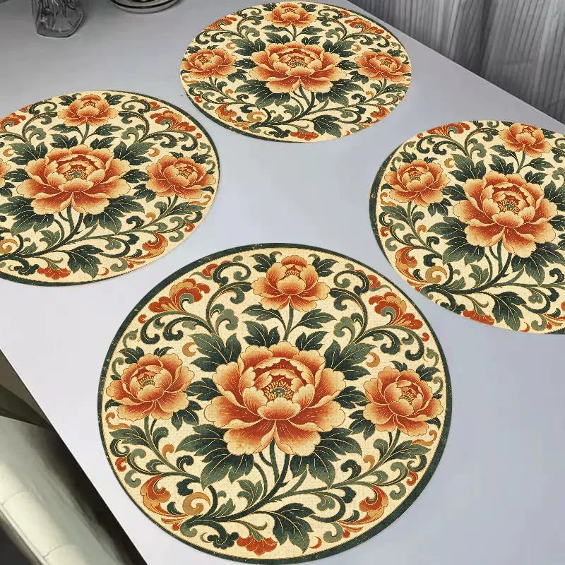 VIKAMA New Chinese Blue White Porcelain Peony Round Linen Placemats, Heat Resistant Table Mat for Dining Table Decor
