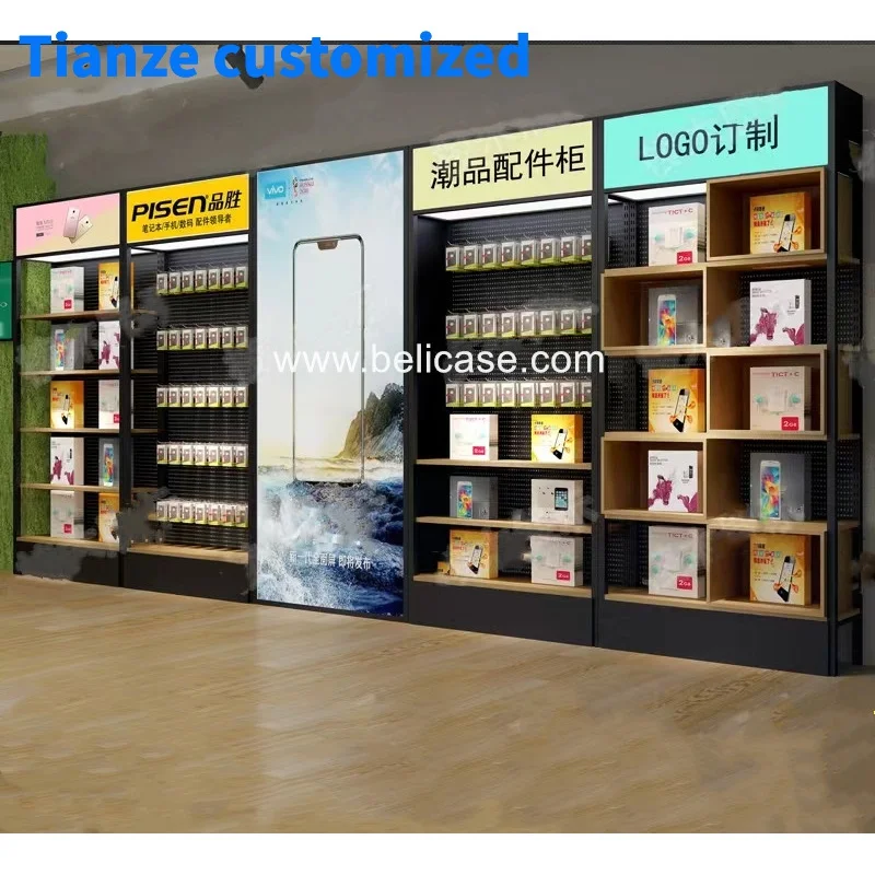 （customized）Modern Phone Accessories Store Display Shelf Wooden Display Shelving Phone Repair Shop Fixture