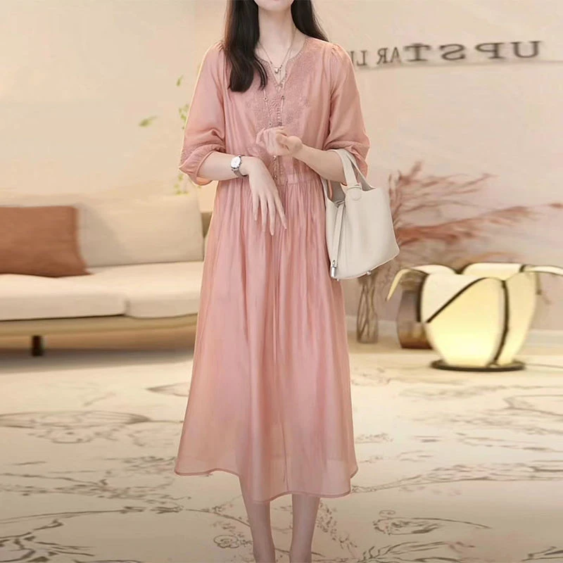 Summer Autumn Loose Casual Embroidery 3/4 Sleeve Robe Femme Literary Vintage Solid Color Comfortable Dress Women Midi Vestidos