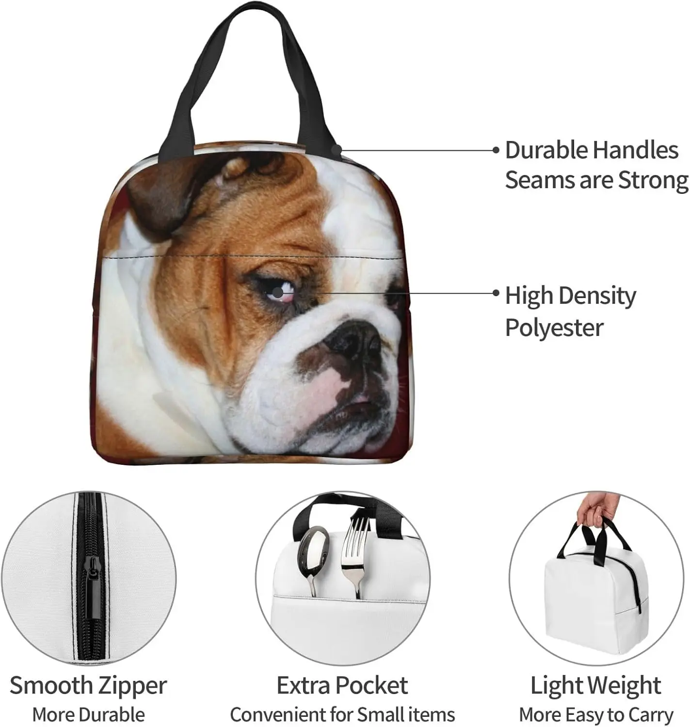 حقيبة غداء بولدوج إنجليزي فروي-صندوق غداء حراري معزول قابل لإعادة الاستخدام-حقيبة حمل محمولة حقيبة نزهة مبردة للرجال والنساء