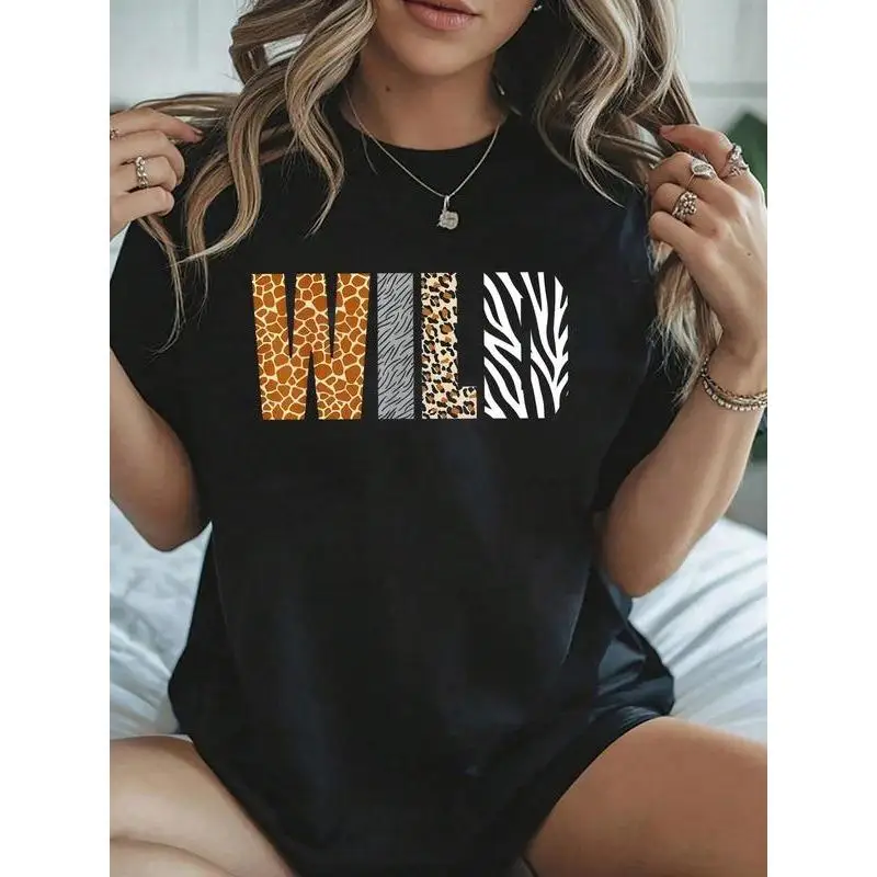 

Stylish Animal Print WILD T-Shirt for Women, Unisex Leopard Giraffe Zebra Pattern Graphic Tee, Casual Summer Safari Vibe Top
