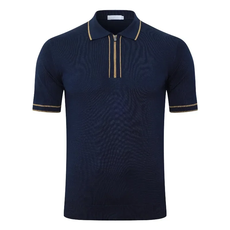 2026 New Men Thin Silk Polo Shirts Elastic Zipper Embroidery Business Comfort Short Sleeve Fashion Tees Sizes M-4XL