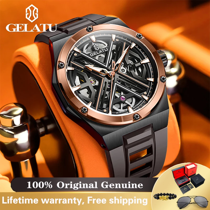 GELATU Mens Watch ﻿Luxury Skeleton Fully Mechanical Watch 50M Waterproof Luminous Silicone Strap Watches Gift Clearance Sale