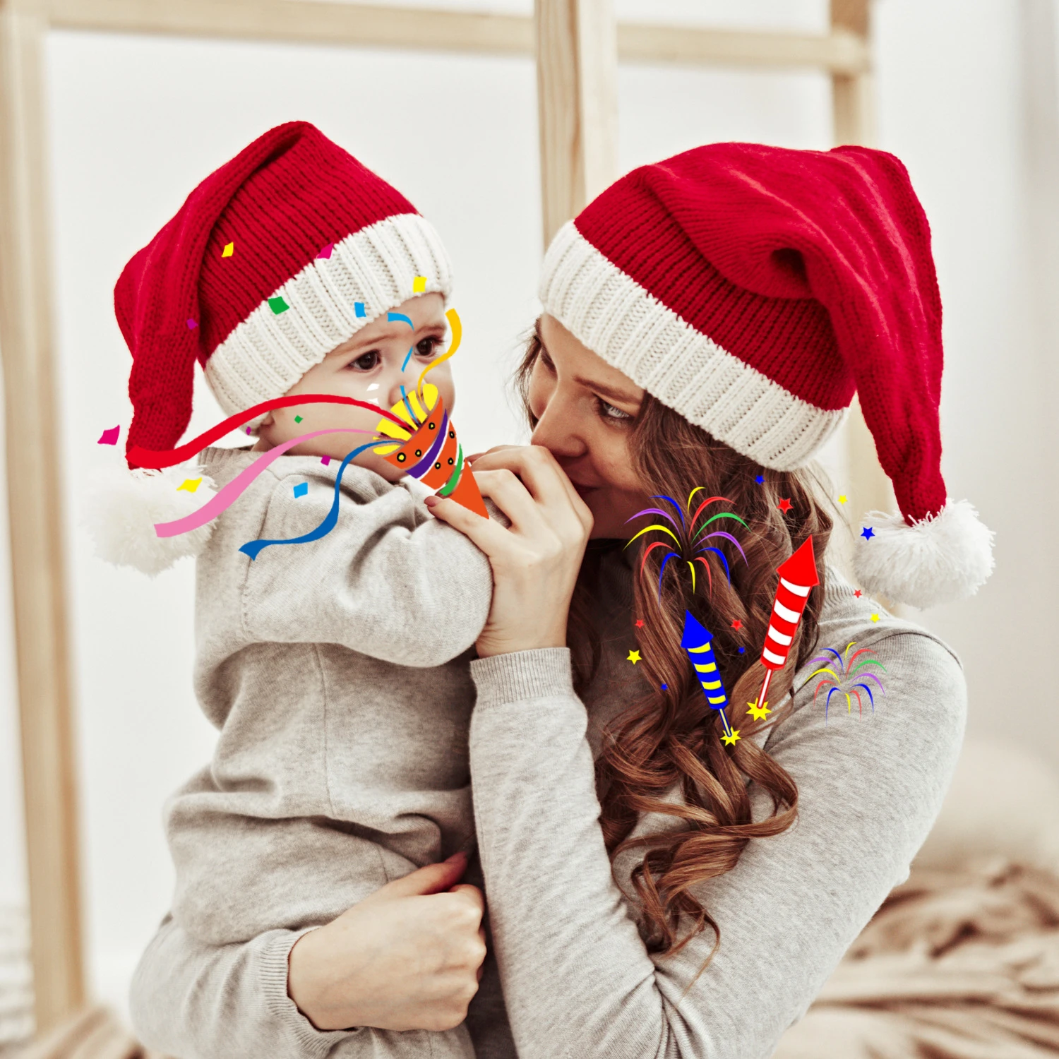 

Winter Furball Mom Baby Knit Cap Christmas Warm Hat