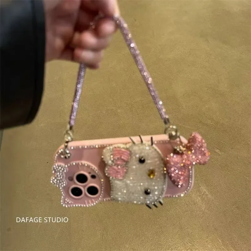 

Cartoon Hello Kitty Diamond Studded IPhone Case for IPhone 15 14 13 12 Pro Max Glitter Diamond Bow Chain Phone Case For Apple 16