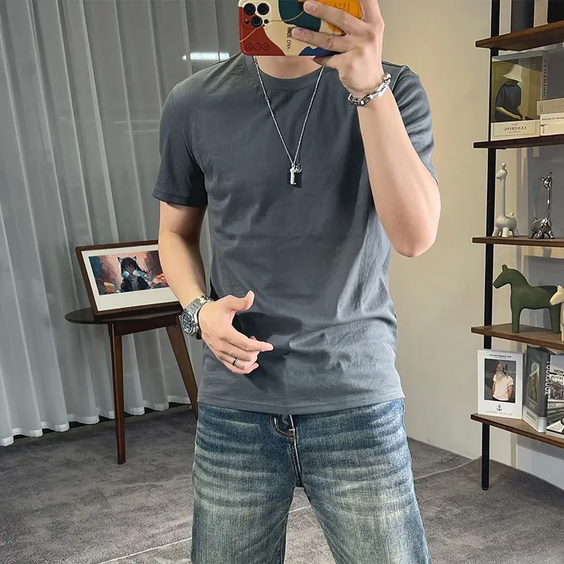 موضة س الرقبة عادية بلون تي شيرت ملابس للرجال 2025 صيف جديد فضفاض كم قصير بلايز الكورية كل مباراة تي شيرت #2