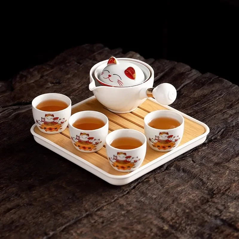 Portable Travel Tea Set, One Pot Four Cups, Business Kung Fu Tea Set, Creative Lucky Cat Hand Gift,tea Pot and Cup Set,teacup