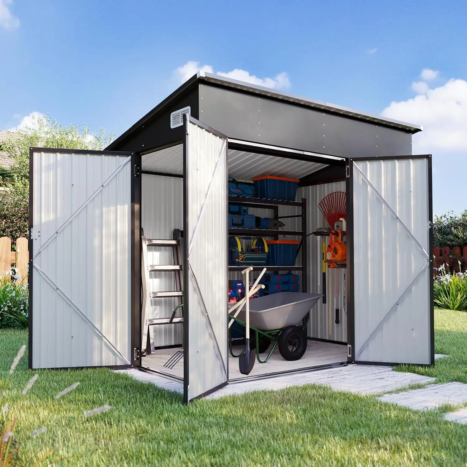 

7.5'x4' Triple Door Shed Outdoor Storage Shed with Three Lockable Door for Easily Accessing Metal Storage Cabinet with Slopping