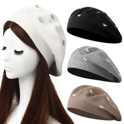 Women Pearl Bow Berets Hat Fashion Autumn Winter New Knitted Berets Ladies French Artist Solid Color Beanie Beret Hat