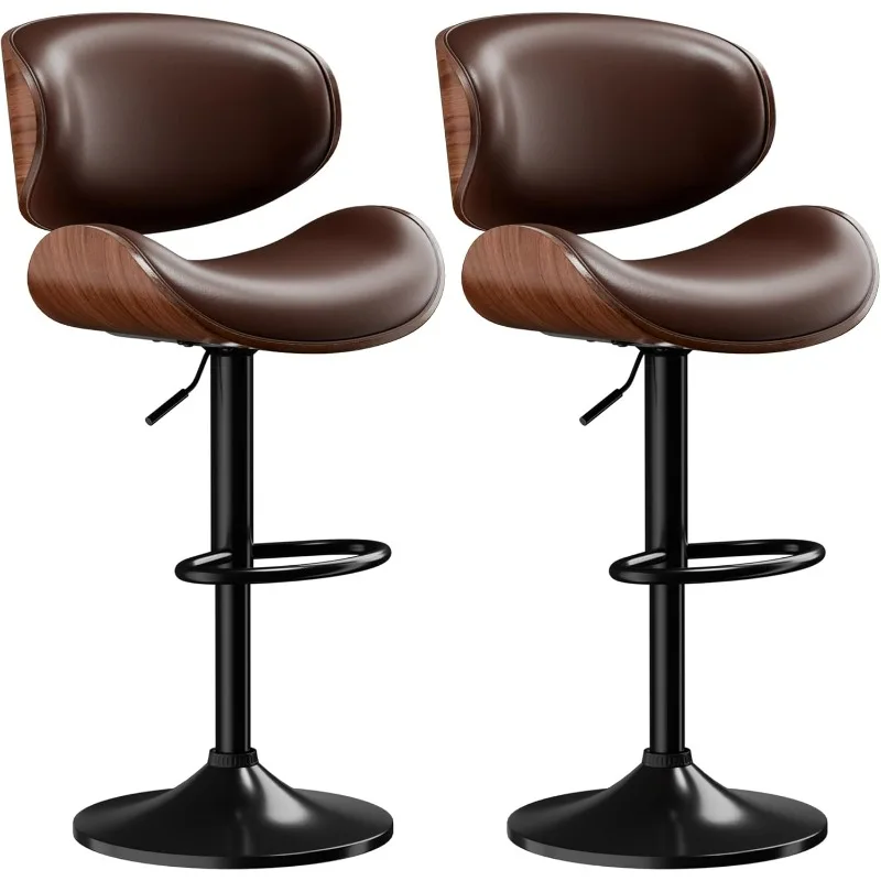 Bar Stools Set of 2, Adjustable Swivel Leather Bar Stools for Kitchen Island, Mid Century Modern Counter Height Bar Chairs