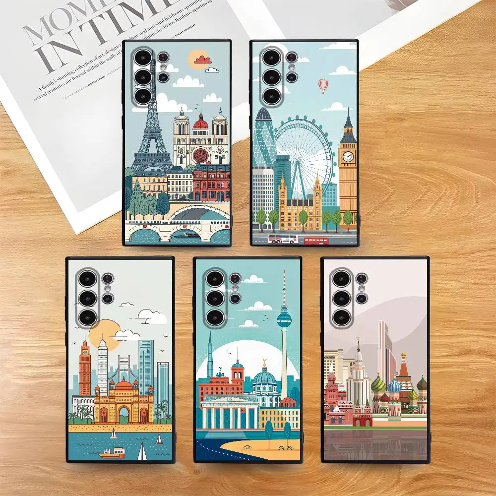 

World City Ins Art Cartoon Phone Case For Samsung Galaxy S25 S24 S22 S23 Ultra S21 S20 Plus 5G Frosted Non-Slip Full Soft Cover