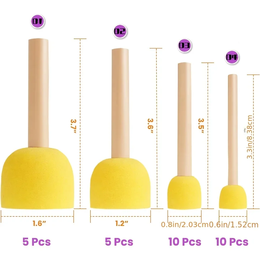 30Pcs round sponge brushes in 4 sizes—ideal foam paint tools for acrylic painting, stenciling, and kids' art projects