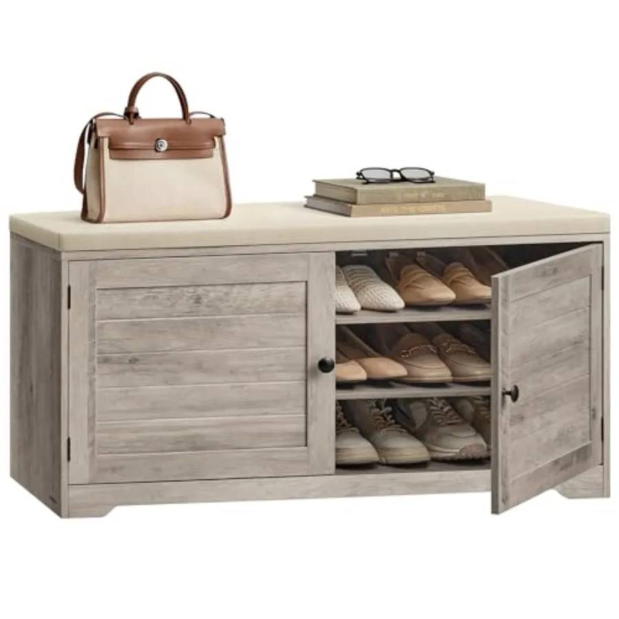

Shoe Storage Bench with Cushion, 3-Tier Entryway Bench with Padded Seat, Doors, Adjustable Shees, 14 x 39.8 x 20.7 Inches, Hall