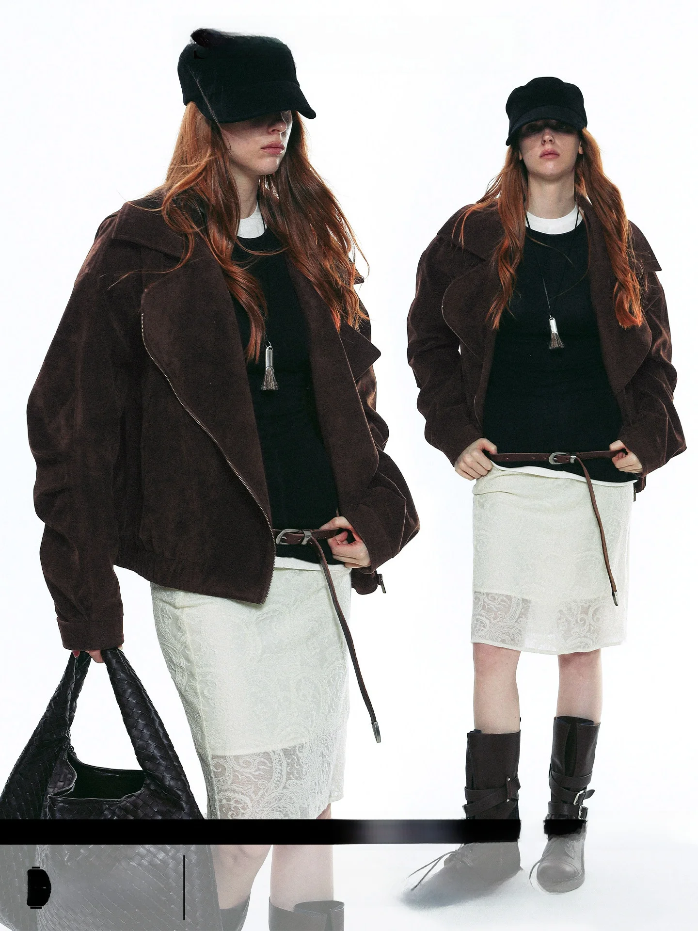 

Retro Sle ort Suede Jaet Collared Workwear Top for Women Single Moment Fem Faion Autumn Zipper Closure Color