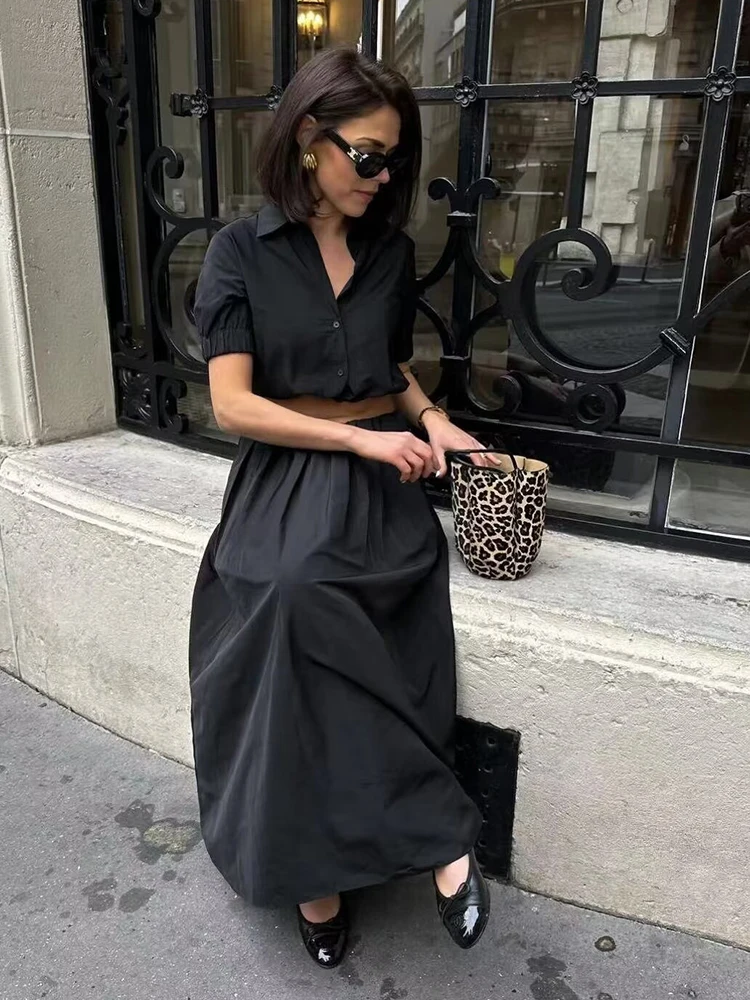 Women\'s Fashion Pleated Long Skirts Solid Black Wide Swing Vintage Chic Female High Waist Elegant A-line Long Skirt Casual