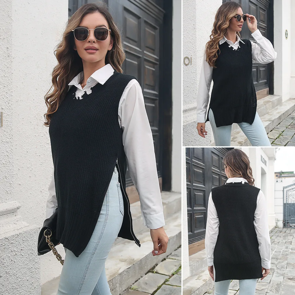 

Personality side zipper split V-neck vest knitted sweater Women's tattered vest wears European and American women's sweaters.