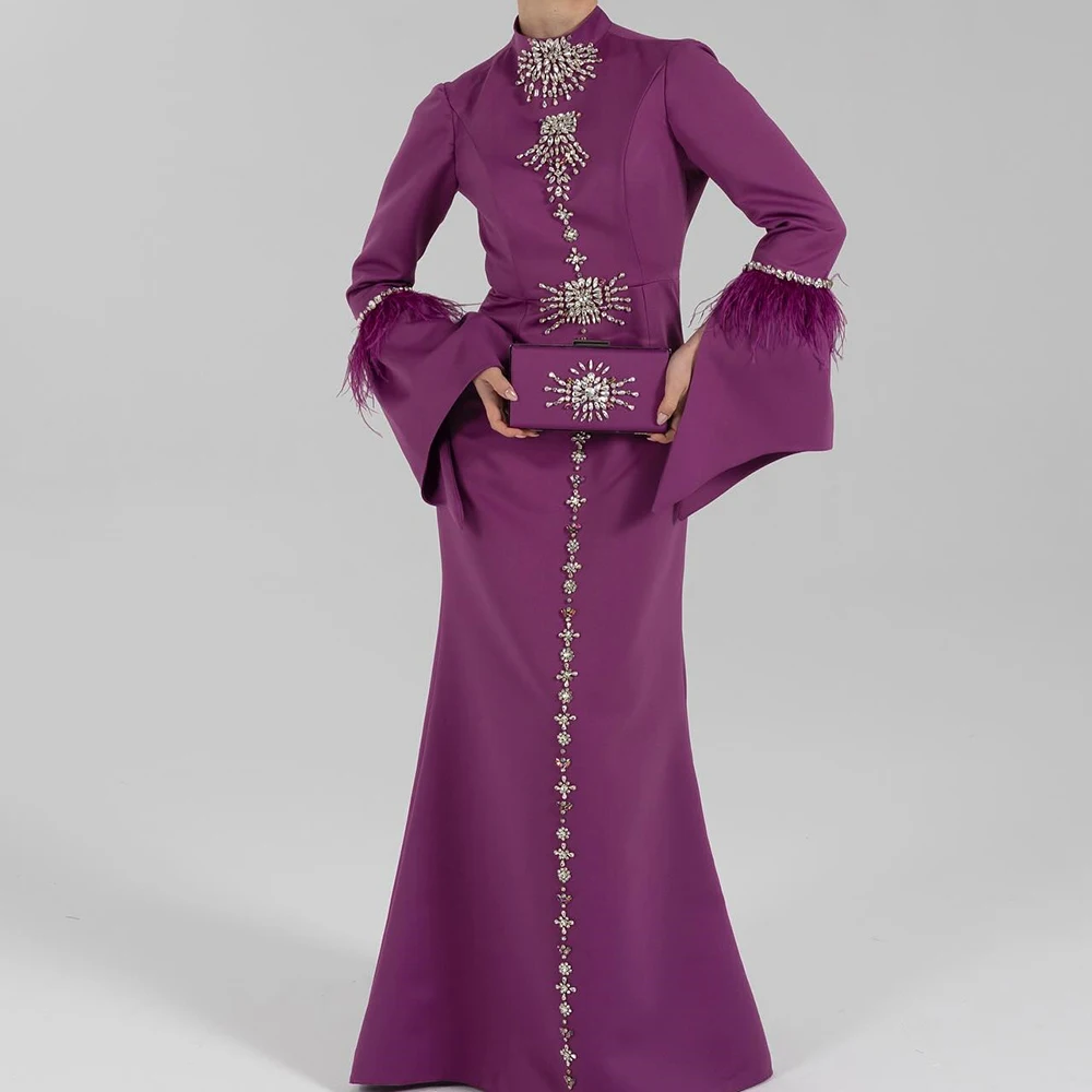

Customized A-line Evening Dresses Floor-length High-neck Full Sleeve Prom Gown Fashion Crystal Tassel Simple Draped Party Gown