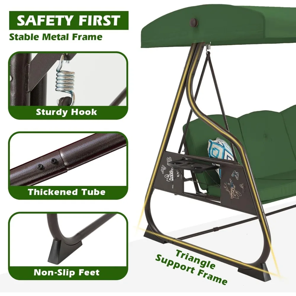 أرجوحة فناء الشرفة ذات 3 مقاعد 800 رطل أرجوحة خارجية مع حامل مع مظلة ومسند ظهر قابل للتعديل كرسي طائرة شراعية للفناء مع وسائد قابلة للإزالة.