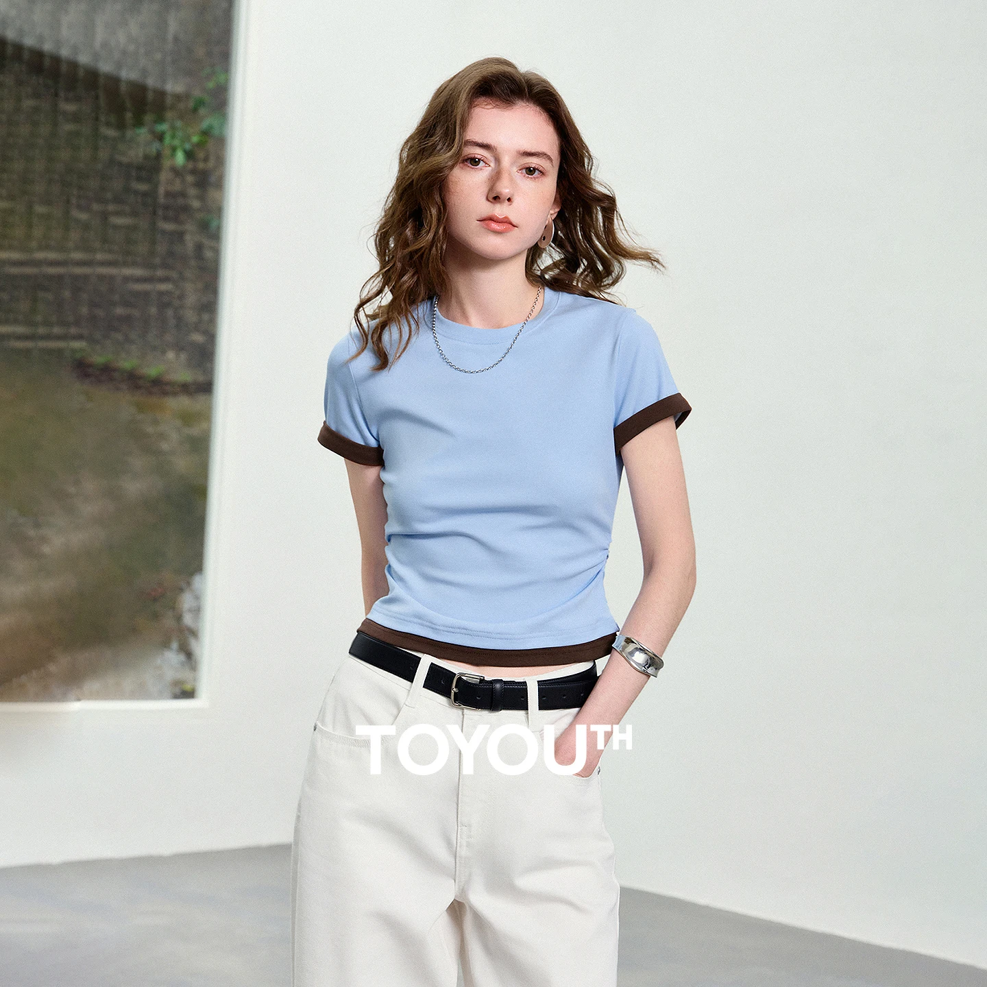 TOYOUTH Women T-Shirt 2026 Summer New Color Block Splicing Slim Fit American Retro Figure-Flattering Unique Trendy Tops