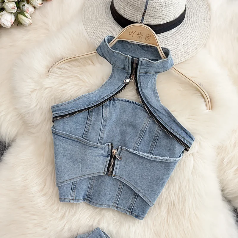 DEAT Women Halter Backless Sexy Denim Top Hig Waist Shorts New Two Piece Set Temperament Fashion Spring Summer 2024 11D10231