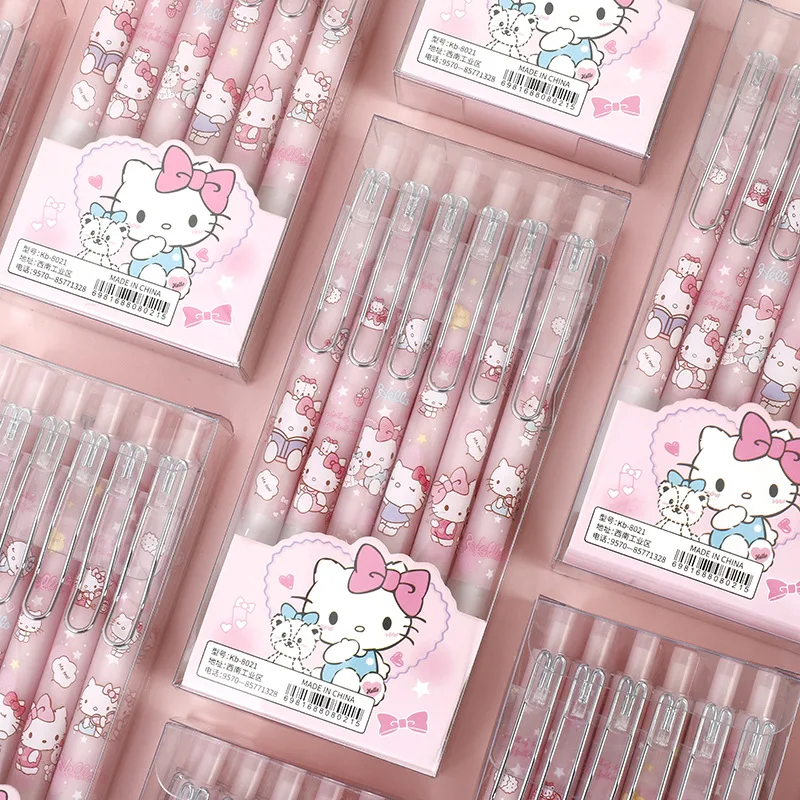 12-144pcs Kawaii Sanrio Hello Kitty Cartoon Gel Pen Kitty Stationery 0.5mm Black Metal Hook High Color Value Office Write Pens