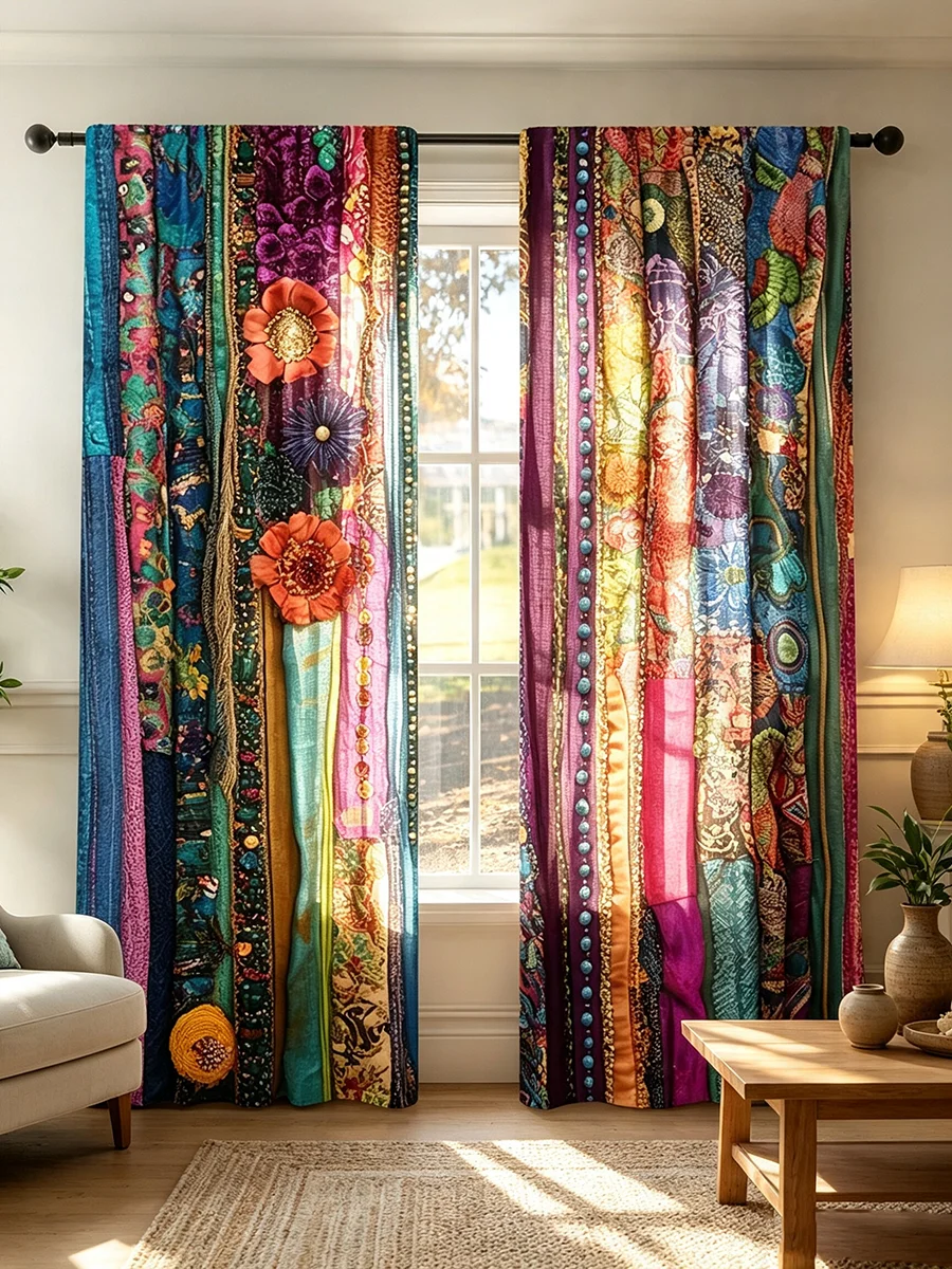2PCS Digital Print Curtains Colorful Patchwork Fabric Floral Boho Ethnic Window Curtains
